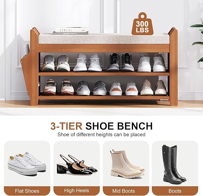 31.5" Shoe Bench with Coat Rack Hidden Drawer and Side Holder, 2 Tier Entryway Bench with Storage 39.4 in, Bamboo Shoe Rack with Cushion for Entryway Hallway Living Room Bedroom