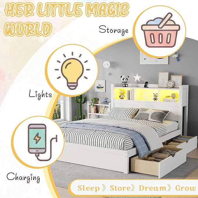 Kids Full Bed Frame with Drawers & Storage Headboard, Solid Wood Platform Bed with Pull-Out Cabinet, Built-in LED Light & Charging Station, No Box Spring Needed, White