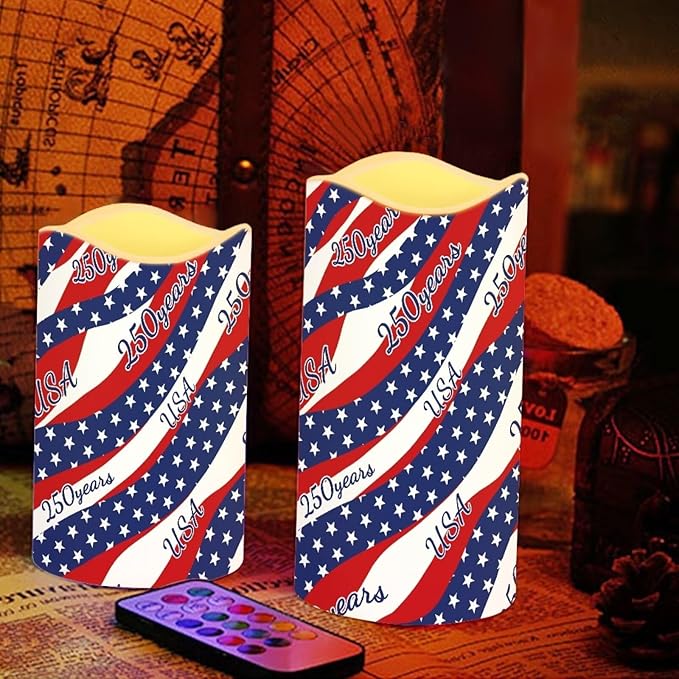 250 Years of America Pillar Led Candles Set of 4 Star Stripes Patriotic Candle Warmer Lamp Fourth of July Remote Control Candles Modern Decors for Indoor Outdoor Parties