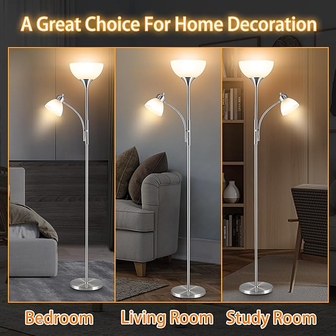 Floor Lamp, Dimmable Standing lamp, Stepless Dimming Brightness, Included 9W and 5W LED Bulbs, Industrial Floor Lamp for Living Room, Bedroom, Office, Reading