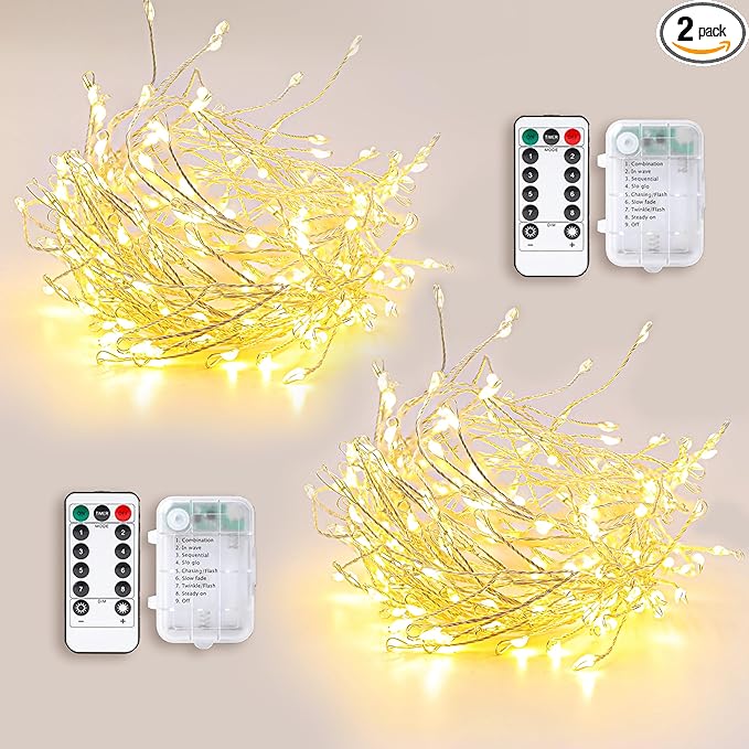 Firecracker Fairy String Lights 2 Pack 10 FT 120 LEDs, Warm White Battery Operated Twinkle Cluster Lights with Romte & 8 Modes, Waterproof for Mirror, Headboard, Table Decor, Wreath, Indoor Party