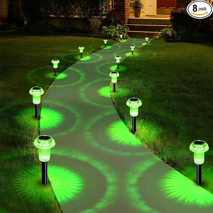 Solar Lights Outdoor Pathway Waterproof 8 Pack Green LED Green Stake Acrylic Mushroom Decorative Garden Lights for Yard Landscape Patio Outside Decorations