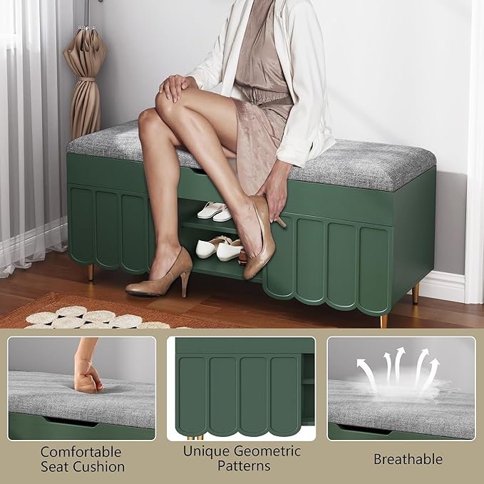 3More 40" Entryway Shoe Storage Bench,Upholstered Hidden Space Beneath Seat Cushion Bench,2-Tier Unique Geometric Shape with Wood Grain,Green