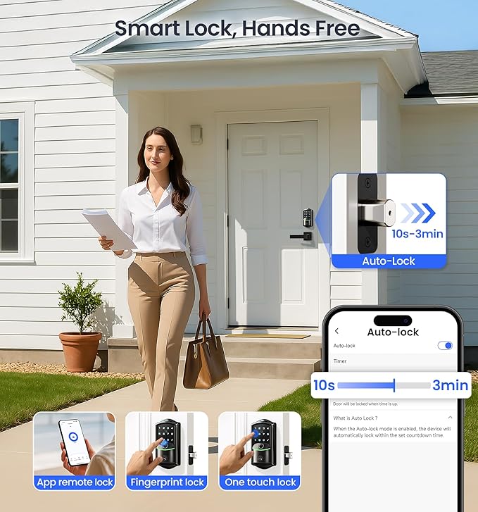 Veise VE027-L Built-in WiFi Smart Lock with Handles, Fingerprint keyless Entry Door Lock Set, App Remote & Voice Control, Electronic Deadbolt for Front Door, Touchscreen Keypad, Auto Lock, Matte Black