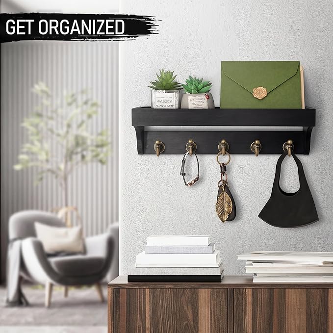Rebee Vision Key Holder for Wall with Shelf : Decorative Key Organizer with 5 Rustic Keys Hooks and Primitive Wood Mail Organizer Wall Mount - Entryway Décor (Black)