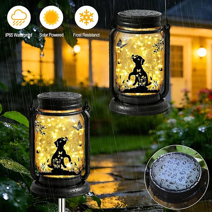 Solar Dog Butterfly Lanterns Outdoor Waterproof - Dog Lover Gifts for Women Mom Grandmom Birthday Mothers Day, LED Hanging Mason Jar Fairy Lights for Garden Yard Patio Decor