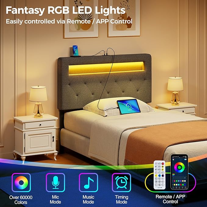 GREENSTELL Headboard for Twin Size Bed with 60,000 DIY Color of LED Light, USB & Type C Post, Upholstered, Height Adjustable, Sturdy, Easy Assembly, Wall Mounted Head Boards Only, Gray
