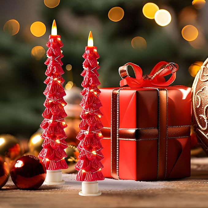 Christmas Tree Candles Surrounded by Fairy Lights, LED flameless Candle Lights with Remote Control Timing Function. red