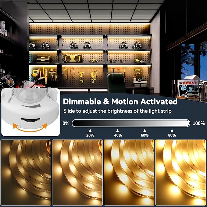 Under Bed Lights Dual Motion Sensor Light Indoor, 19.69Ft Warm White Motion Activated LED Strip Lights Two End Sensor, 12V Dimmable Motion Sensor LED Strip Night Light for Bedside Cabinet Stair Closet