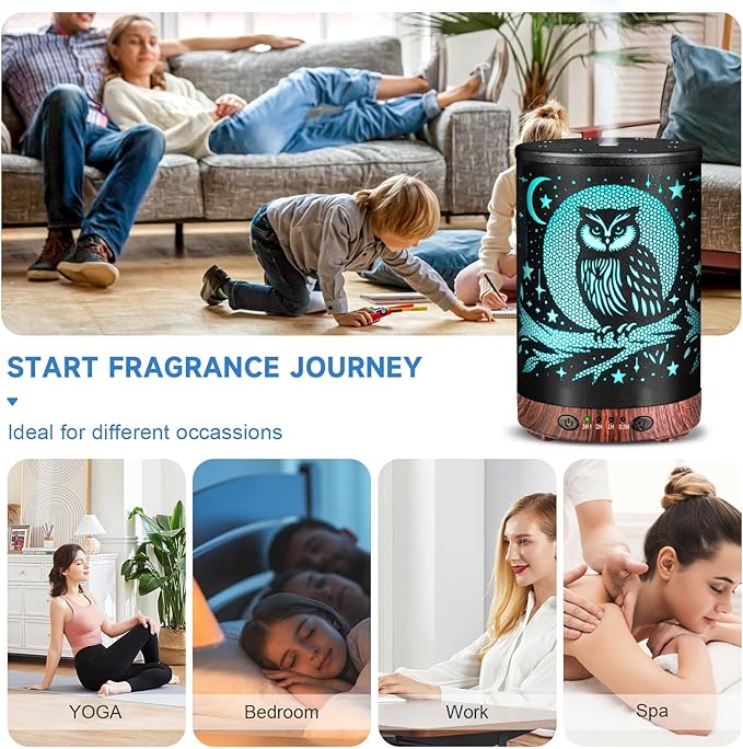 Essential Oil Diffuser 120ML Metal Aromatherapy Diffuser with Timer, Cool Mist Humidifier with Auto Shut-Off & 7 Color Lights for Home Office Spa (Owl)