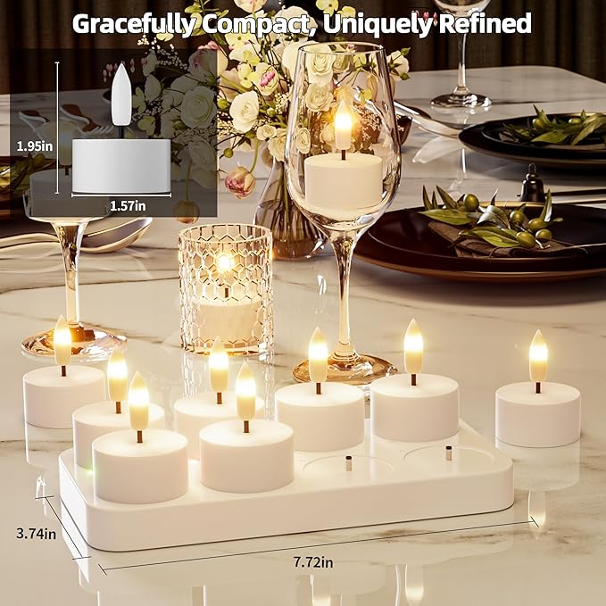 Rechargeable Flameless Tea Lights Candles with Charging Station 8Pcs Battery Tea Lights with Remote & Timer LED Tealight Flickering Realistic for Home Christmas Wedding Decor - White