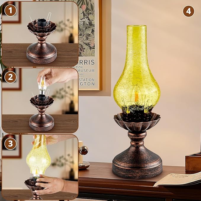 Touch Control Vintage Table Lamp | 3-Way Dimmable Rustic Retro Farmhouse Bedside Lamp with Amber Glass Shade and LED Bulb for Bedroom, Living Room, Cabin, Office