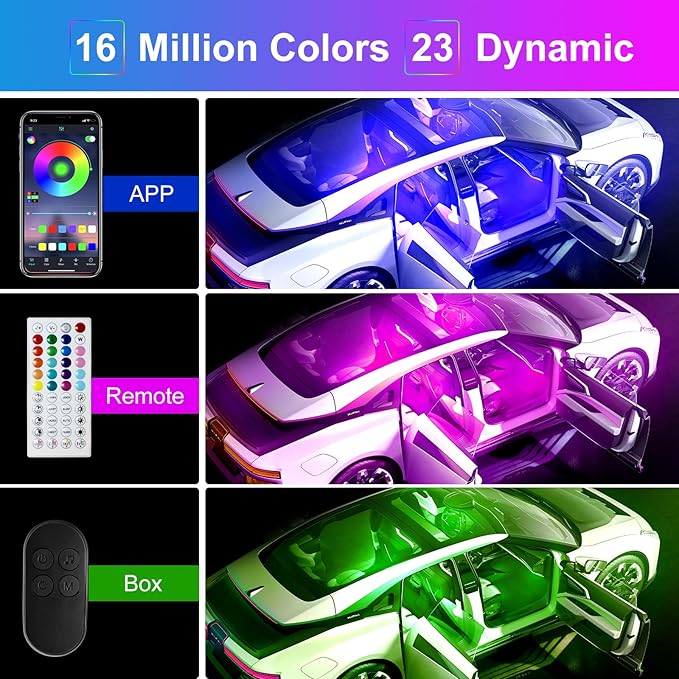 Car Interior LED Lights, APP Control with USB Port, RGB Color Change with Music Sync & DIY Mode, 48 LEDs Lights for Under Dash Running Board Truck