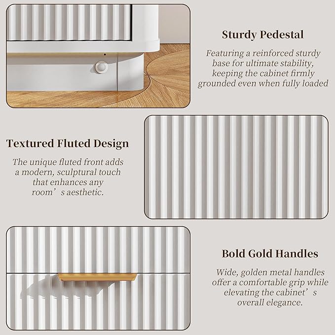 Fluted Dresser for Bedroom with 5 Drawers, 31.5" Wide Modern Chest of Drawers with Lighting, Wooden Dresser TV Stand with Curved Edges, Closet Organizer for Living Room, Hallway,White