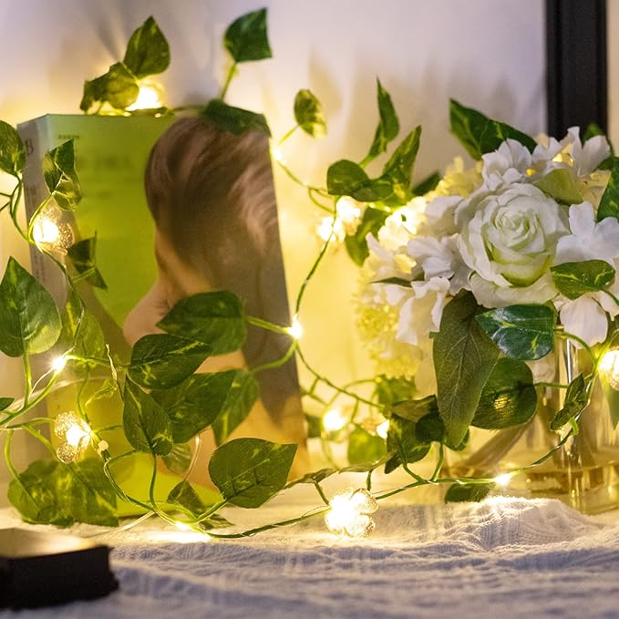 Vigdur 2 Packs Vine String Lights - Tiny Leaf Ivy String Lights with 48 Flower Lights Battery Powered Waterproof Fairy Light Indoor Outdoor for Bedroom Party Garden Wall Décor St. Patrick's Day