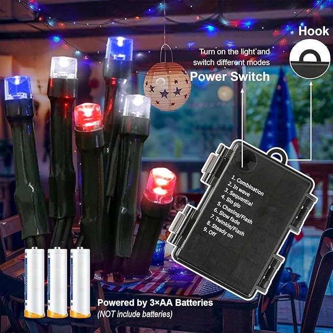 ITICdecor 4th of July Decorations 100 LED Red White and Blue Fairy String Lights, 33Ft String Lights Battery Operated Waterproof, 8 Modes Connectable Patriotic Lights for Home Yard Patio Party Decor