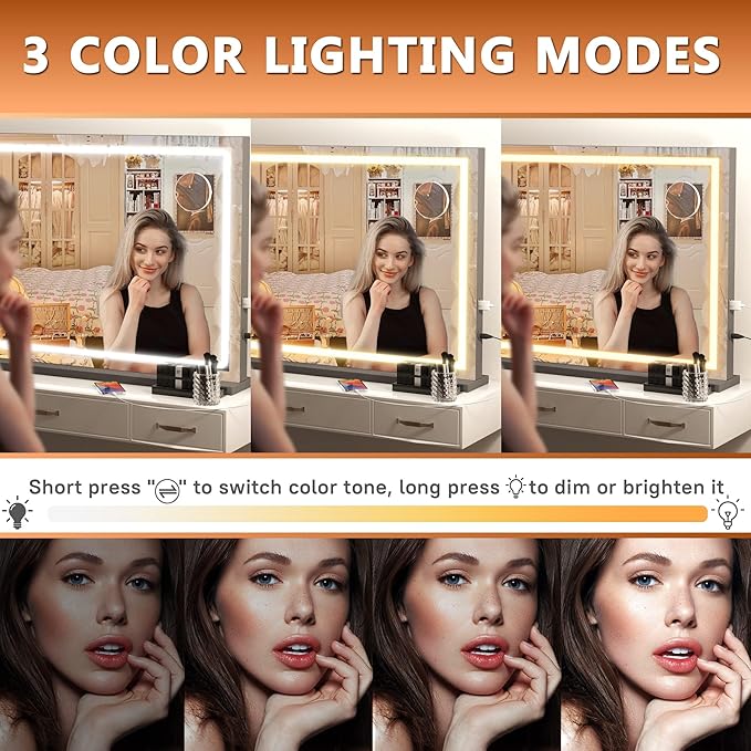 Hasipu Vanity Mirror with Lights, 32" x 24" LED Makeup Mirror, Lighted Makeup Mirror with Dimmable 3 Modes, Touch Screen Control Vanity Mirror Square Black