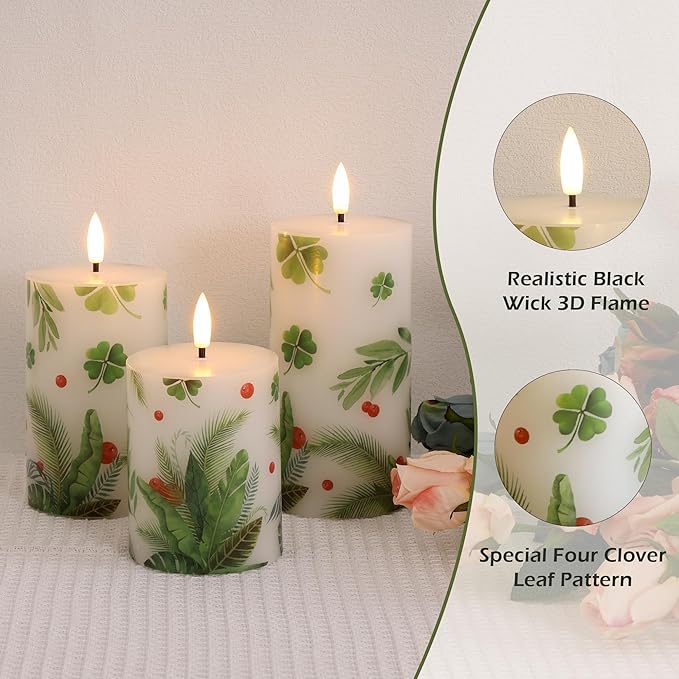 Flameless Pillar Candles with Remote, 3 Pack Battery Operated Real Wax Green LED Candles, Perfect for Spring Summer Home Decorations Fireplace Table, Shamrock
