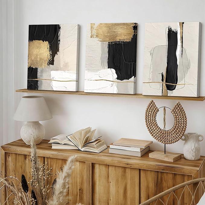 Framed Black and White Abstract Wall Art for Living Room,3 Piece Modern Textured Paintings Artwork for Walls,Minimalist Abstract Black Gold Canvas Pictures Prints for Hallway Office Wall Decor,12x16in