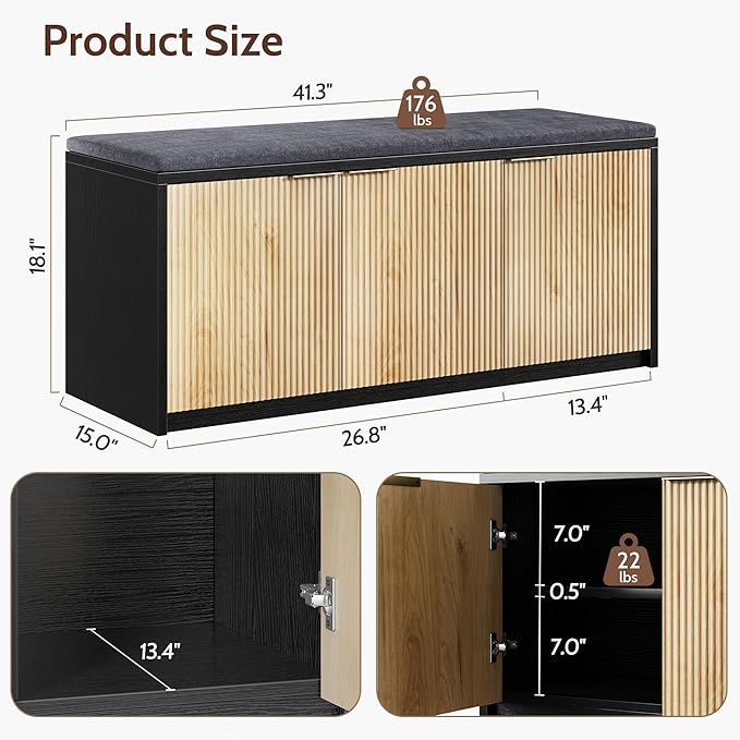 2-Tier Shoe Storage Bench with 3 Doors & Adjustable Shelf, Removable Padded Seat Cushion, 41.3" Entryway Bench for Living Room, Bedroom, Hallway – Wood Grain & Black Modern Farmhouse Design