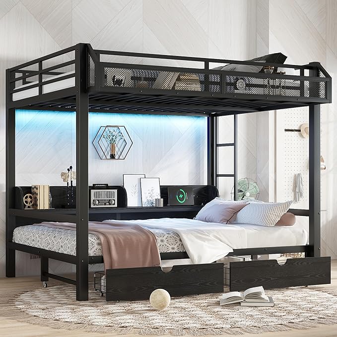 Bellemave Queen Over Queen Metal Bunk Bed with Storage Drawers and Shelves, Heavy Duty Bunk Beds with LED Lights and Charging Station for Kids,Adults,Convertible into a Sofa Bed,Black
