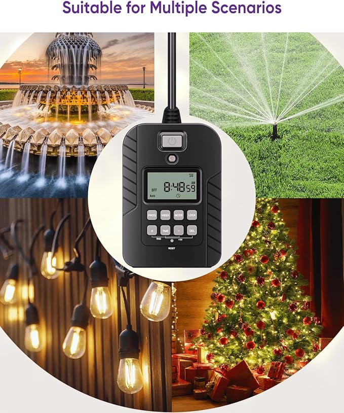 NEARPOW Outdoor Light Timer, Waterproof Digital Timer Outlet, Dusk to Dawn Countdown Timer Plug, 7 Day Programmable 24 Hours Electrical Timer, 2 Grounded Outside Timers for Christmas Lights, 15A 1/2HP
