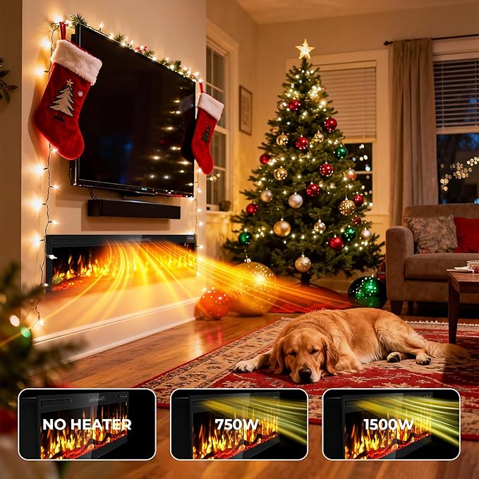 60" Smart WiFi Electric Fireplace with Sound Crackling Narrow Bezel Recessed and Wall Mounted Fireplace Heater with App, Remote Control, Log Flame Option, 750/1500W