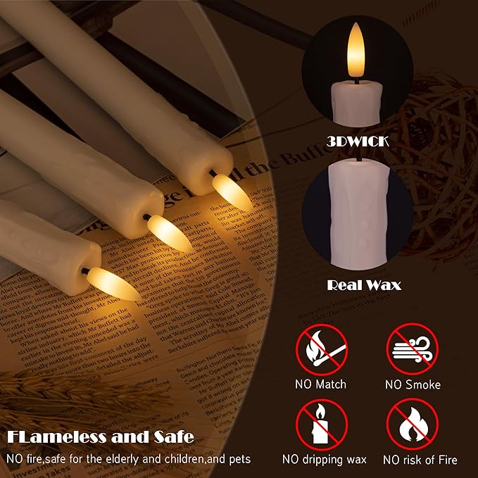Flameless Taper Candles with Remote, 6 Pack Real Wax LED Battery Operated Candle with Flickering Flame, Safe Home Décor for Living Room, Bedroom, and Dining Table, Dripping Wax White
