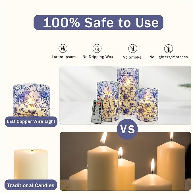 Floral Flameless LED Pillar Candles with String Lights, 3pcs Blue and White Battery Operated Flickering Candles with Timer Remote,Chinese Porcelain Style Candle for Wedding Mother's Day Home Decor