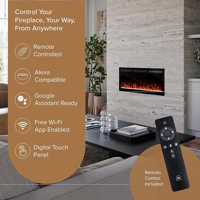 Modern Ember Vibrance 42 Inch Smart Linear Electric Fireplace Insert - Recessed or Wall-Mount, LED Multi-Flame Colors, Alexa/WiFi Enabled - Remote Included - Crystals