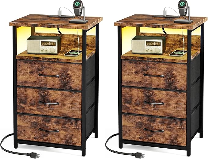 Fixwal Night Stand with Charging Station, LED Nightstand with Fabric Drawers, End Table with PU Finish, Bed Side Table, Rustic Brown (Pack of 2)