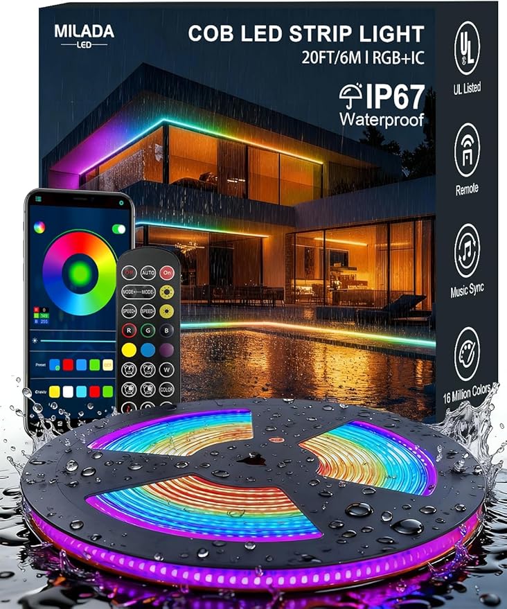 20ft/6m COB LED Strip Lights, RGB Smart IC, IP67 Waterproof, Dimmable , Color Flowing Tape Light with App Control & Music Sync, Dotless LED Light for Outdoor, Patio, christmas & Party Decorations