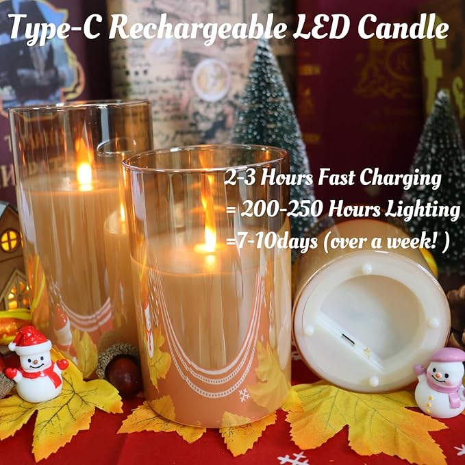 200 Hours Rechargeable Flickering Flameless Candles, Rechargeable Battery LED Glass Pillar Candle with Remote and Timer, Real Wax Warm Color for Home Living Room Decor, Ideal Gift for Women