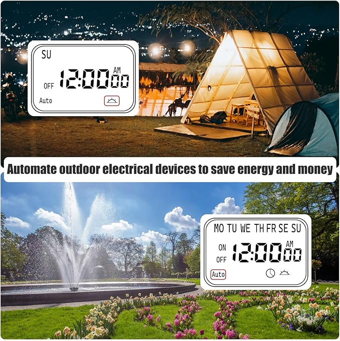 Outdoor Digital Timer for Lights, 7-Day Programmable Plug Waterproof with 2 Grounded Outlets for Landscape String Light, 15A, 1/2 HP UL Listed, 7 Day Dusk to Dawn Programmable Timer
