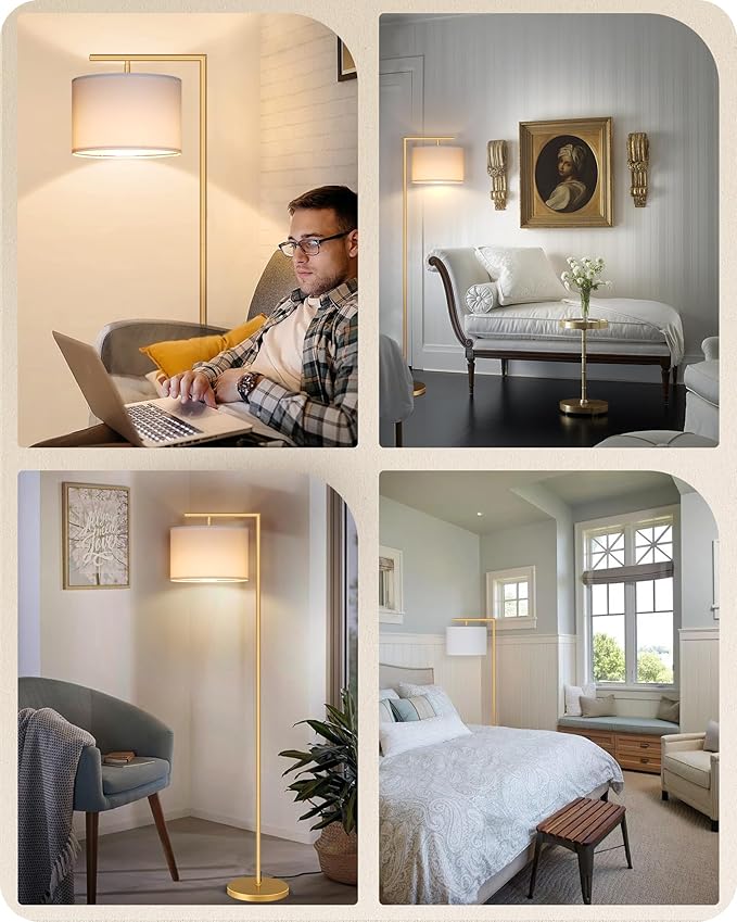 Gold Dimmable Floor Lamp, Modern Arc Lamp with Remote, Standing Corner Light with Lampshade, Tall Reading Lighting for Bedroom, Living Room, Office, Den, White, LED Bulb Included, DW11LD05
