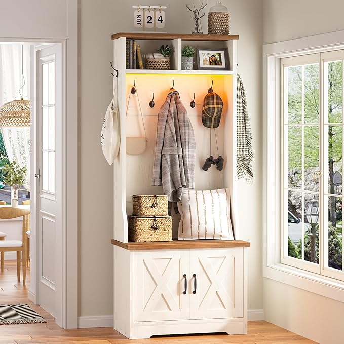 Hall Tree with Bench and Shoe Storage, Entryway Bench with Coat Racks and Led Lights, Farmhouse Small Hall Tree with Shoe Cabinet, 7 Coat Hooks, 6 Storage Cubbies, Adjustable Shelf