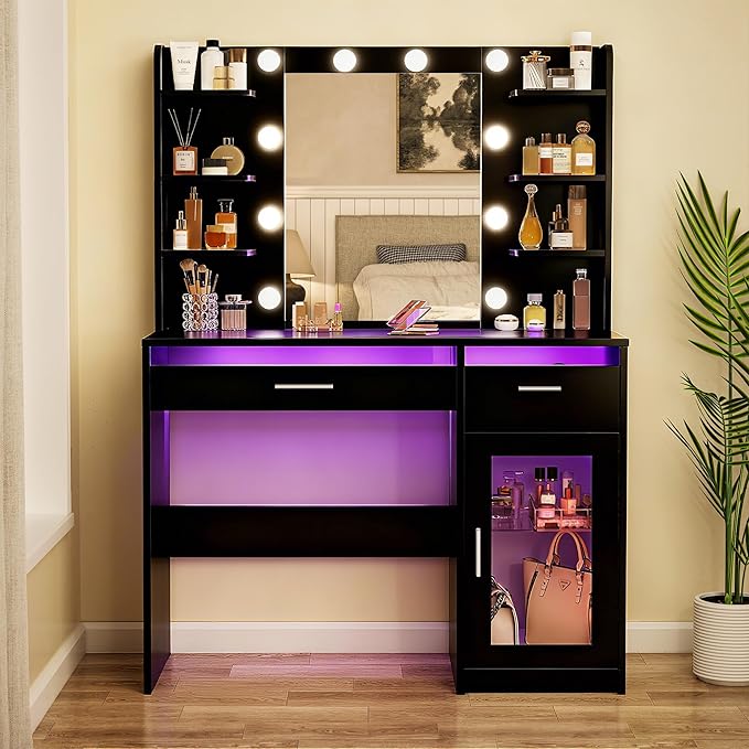Vanity Desk with Mirror and Lights, Makeup Vanity Desk with Lights 3 Colors, Transparent Top Vanity with 2 RGB Drawers, 6 Shelves, Large Tempered Cabinet, Power Outlet, for Bedroom, Black