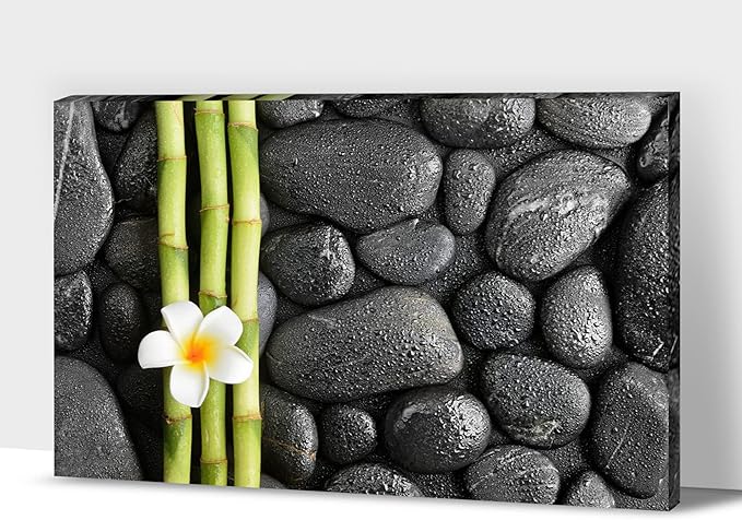 Zen Wall Art Decor, Modern Bathroom Zen Decor Wall Art, Canvas Wall Art for Spa Zen Room Decor, Green Bamboo Forest and Black Pebble Relaxing Art Prints for Office & Spa Wall Decor 12x18 Inches