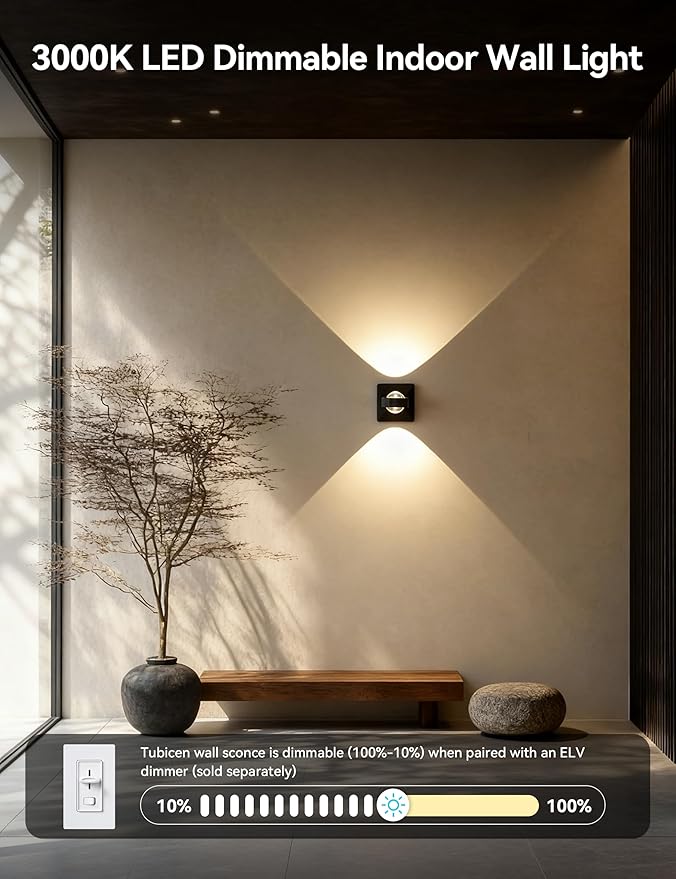 Tubicen Dimmable Wall Sconce Indoor Hardwired 8W Bright Focus LED Up Down Wall Lights for Living Room Hallway Stairway Movie Theater Sconces Lighting Black 3000K Warm White