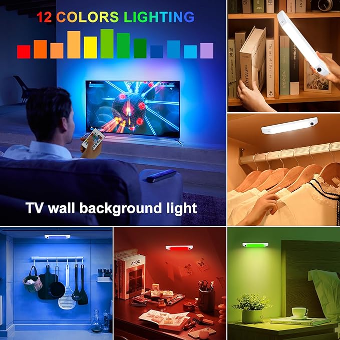 BIGMONAT LED Under Cabinet Light, Battery Operated RGB Colors Changing Led Bar Lights with Remote,Multicolor Under Counter Lights for Kitchen, Dimmable Light for Cabinet, Counter, Workbench