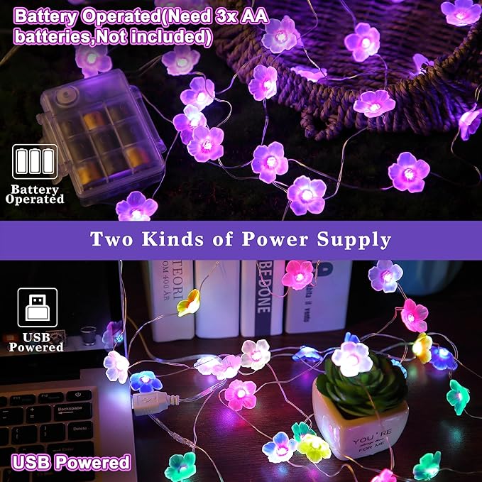 Mudder 16 Colors Cherry Blossom Decor Flower String Lights, Fairy Pink Light String with Timer 13 ft 40 LEDs USB Battery Operated Fairy Lights for Bedroom Indoor Outdoor Wedding Valentines Day(2 Pcs)