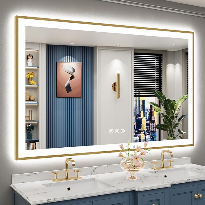 60x40 Gold LED Bathroom Mirror with Lights, Brushed Gold Framed Backlit and Front Lit Anti-Fog Lighted Vanity Mirrors for Bathroom Wall, Dimmable, 3 Colors, Memory, HD Tempered Glass, CRI＞90