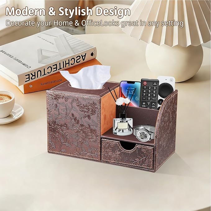 Nightstand Organizer with Tissue Holder,PU Leather Square Tissue Box Cover,Modern Facial Paper Organizer Storage Box for Remote Control,Bathroom,Vanity Countertop,End Table Home Office