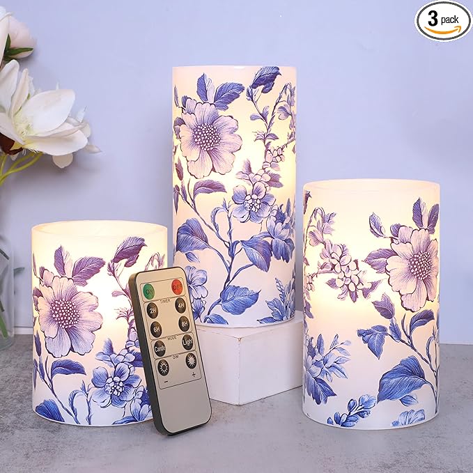 Crystal Club Chinoiserie Decor Flameless Candles Blue and White Porcelain Floral Battery Operated LED Pillar Candles with Remote & Timer Real Wax Candles Floral Decor for Home Wedding Centerpiece