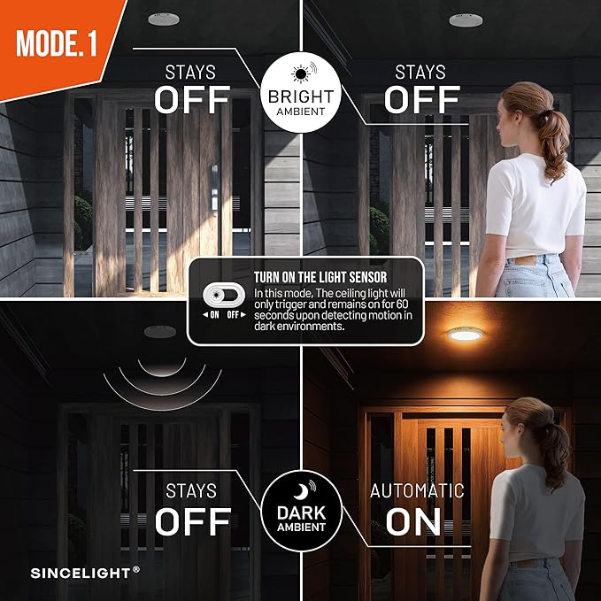 SINCELIGHT PIR Motion Sensor 18W LED Ceiling Light (Φ9''/220mm), Automatically ON/Off, Movement Activated, Dual Mode Turnable, Warm White 2700K, Surface/Flush Mount for Hallway,Porch, Pack of 1