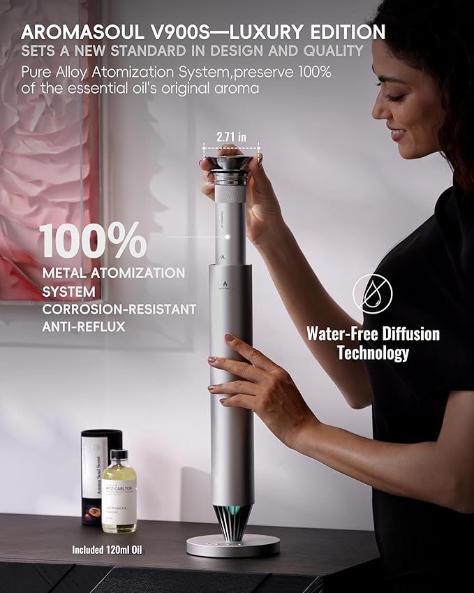 Wireless Rechargeable Hotel Scent Diffuser Starter Kit - 1500 Sq Ft Coverage, Alloy Atomization System,Mood Light,Waterless Oil Diffuser, Including 120ml Essential Oil, for Home,Large Room,Spa,Silver