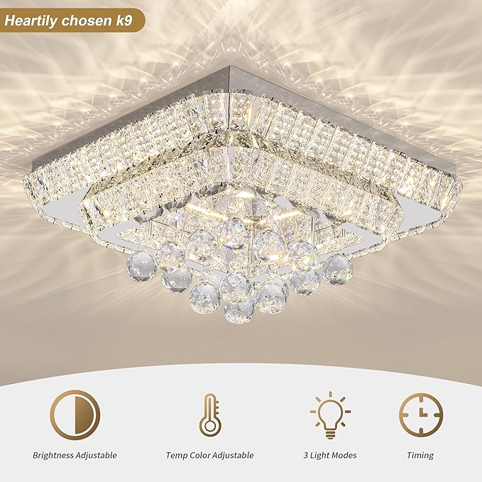 18" Crystal Ceiling-Light Flush Mount with Remote Control and APP, 3 Colors Temp & Brightness Adjustable, Modern Crystal Raindrop Chandeliers for Bedroom Hallway Dinning and Living Rooms-square