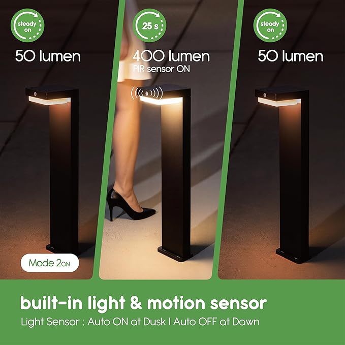 Solar Pathway Lights - Walkway Solar Lights for Outside - PIR Sensor & Two Lighting Modes - Rechargeable Battery Lasts Up To 55 Hours - 3000K - IP44 Weather Resistant - 4 Pack - 20.5" Height