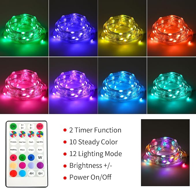 2 Pack Fairy Lights Battery Operated Color Changing String Lights with Remote, 16.4FT Twinkle Lights USB Plug or Battery Powered, Outdoor Christmas Decorations for Bedroom Wedding Party Indoor
