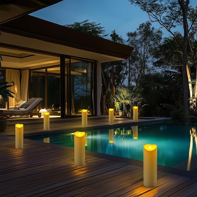 Homemory 4"x12" Outdoor Waterproof Flameless Candles with Timers and Remote Control, Battery Operated Candles, LED Plastic Candles, Ivory White, Set of 4